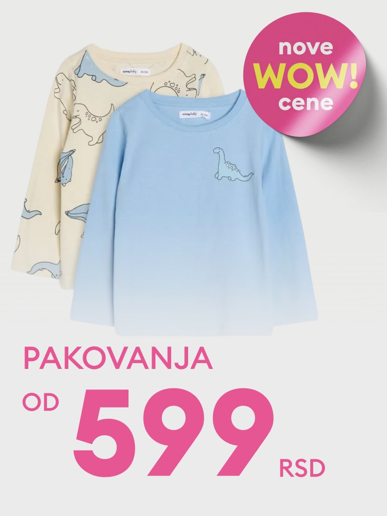 Promotivna ponuda pakovanja dečjih majica dugih rukava sa dinosaur motivima, namenjena kupovini po sniženoj ceni.