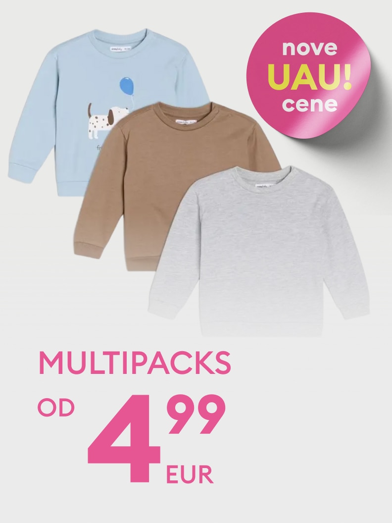 Otroška oblačila v več kosih na voljo po akcijski ceni od 4,99 evra. Na sliki so prikazane tri različne majice z dolgimi rokavi. Izberite kakovostna in udobna oblačila po posebni ugodni ceni.