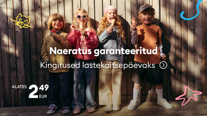 Reklaam laste kingituste pakkumisest lastekaitsepäevaks, mis rõhutab rõõmu ja mängulisust ning soodsat alghinda alates 2,49 €.