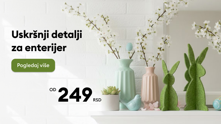 Promotivni sadržaj koji predstavlja uskrsne dekoracije za enterijer i upućuje korisnika da pogleda ponudu sa početnom cenom od 249 RSD.