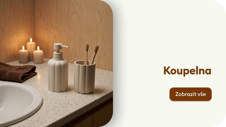 Inspirace pro vybavení koupelny s dávkovačem mýdla, kelímkem na kartáčky a dekorativními doplňky u umyvadla