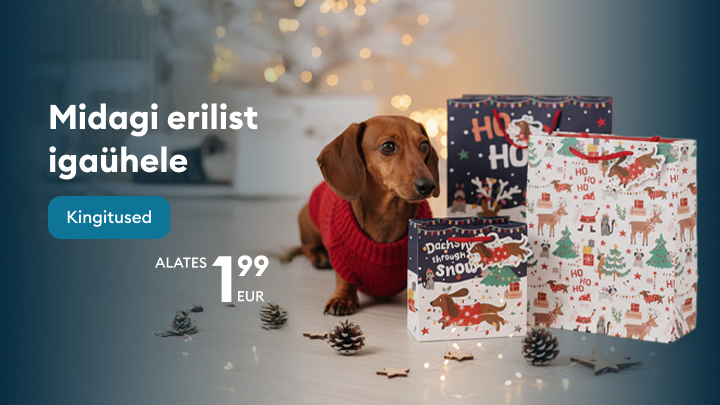 Dárek pro každého za ceny od 49 Kč. Inspirace na vánoční dárky s tematickými balíčky a dekoracemi. Na obrázku jsou dárkové tašky s vánočními motivy a pes, který přináší sváteční atmosféru. banner