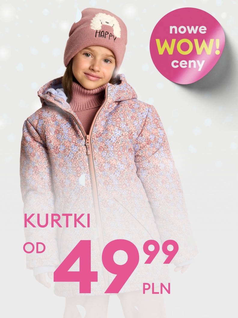 Promocja cenowa na kurtki dziecięce, już od 49,99 zł. Widoczny napis „Nowe WOW ceny!” podkreśla wyjątkową ofertę. Idealne na chłodniejsze dni, kurtki są stylowe i wygodne. Sprawdź, aby zapewnić dziecku komfort w atrakcyjnej cenie.
