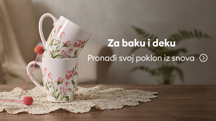 "Šoljice sa cvjetnim motivima idealan su poklon za baku i deku. Poruka: 'Za baku i deku – Pronađi svoj poklon iz snova'. Savršen način da pokažete ljubav i pažnju prema svojim najdražima."
