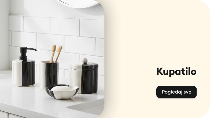 Promocija kategorije kupatilo s naglaskom na organizaciju i dodatke, namijenjena usmjeravanju korisnika na pregled ponude za uređenje kupatila.