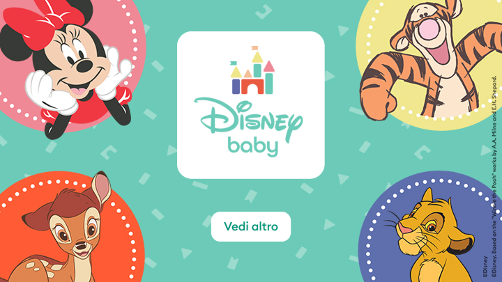 Personaggi Disney Baby: Minnie, Tigro, Bambi e Simba con sorrisi felici. Al centro, il logo Disney Baby con scritta 