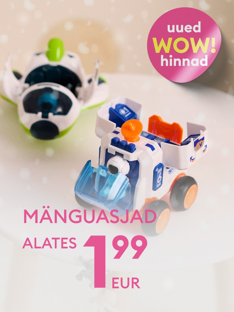 Mänguasjad alates hinnast 1,99 eurot. Uued WOW-hinnad mänguasjadele. Näidisel on erinevad mänguasjad, sealhulgas miniatuursed sõidukid ja kosmoseteemaline mudel. Mänguasjad sobivad lastele ja pakuvad mängulusti taskukohase hinnaga.