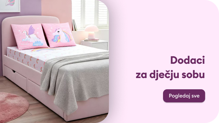 Promotivni vizual koji poziva na pregled i kupovinu dodataka za dječiju sobu, ističući udoban i razigran ambijent za djecu.