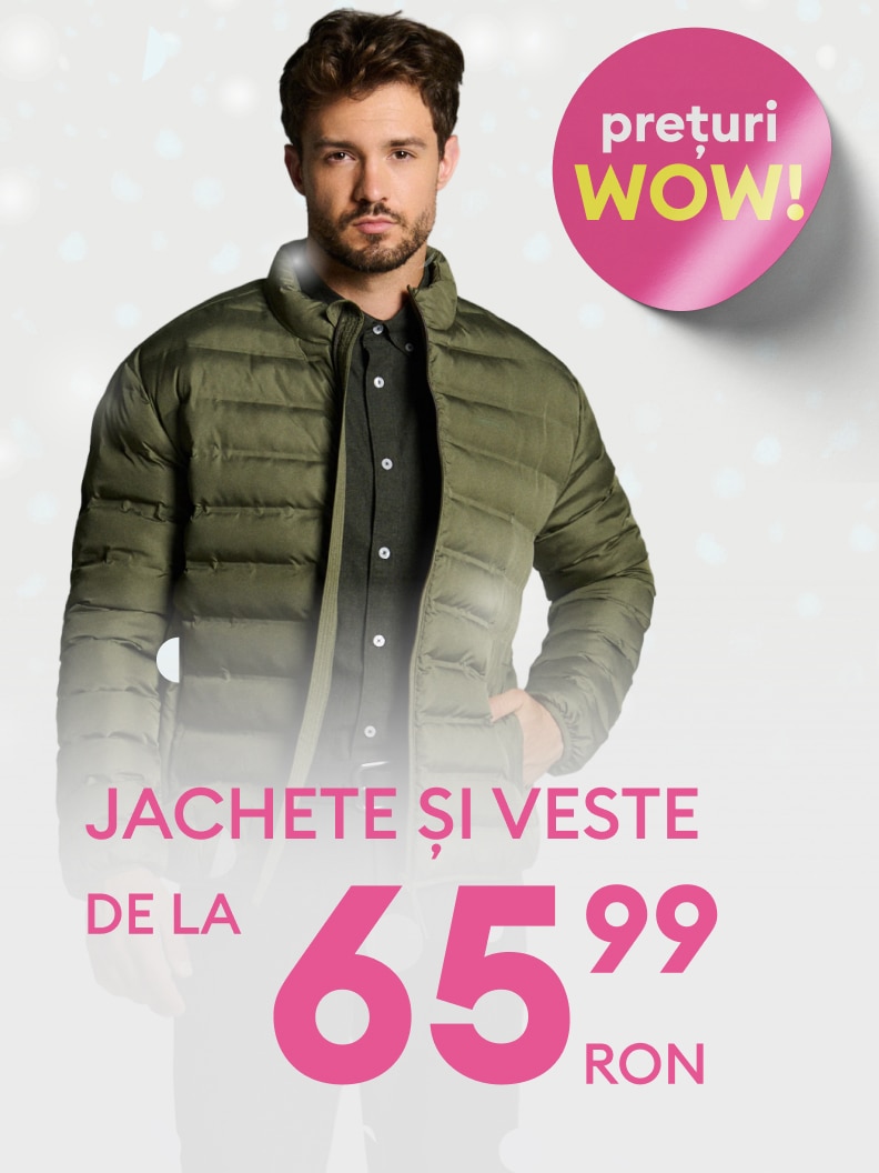 Jachete și veste disponibile la prețuri WOW, începând de la 65,99 RON. Oferta este evidențiată pentru cumpărături atractive și accesibile. Perfect pentru sezon rece, cu stil și confort garantat.