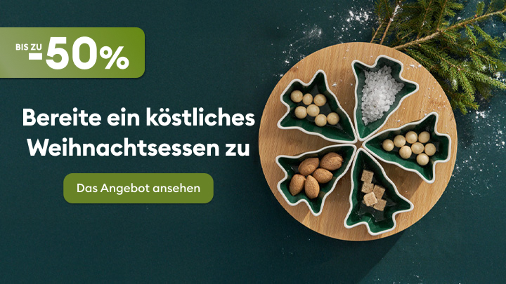 Bis zu 50 % Rabatt auf Angebote für Weihnachten. Bereite ein köstliches Weihnachtsessen zu und entdecke exklusive Angebote. Schale mit weihnachtlichen Snack-Ideen wie Nüsse, Zuckerwürfel und Salz. Feiertagsdekoration im Hintergrund. Jetzt das Angebot ansehen.