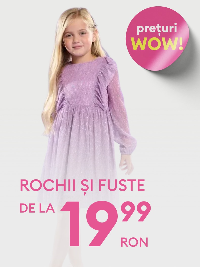 Rochii și fuste disponibile la prețuri accesibile, începând de la 19,99 RON. Promoție cu discounturi WOW pentru îmbrăcăminte de calitate, potrivită pentru diverse ocazii.