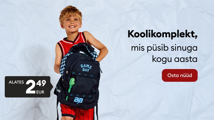 Poiss koolikotiga reklaamib vastupidavat koolikomplekti lastele kogu õppeaastaks soodsa hinnaga