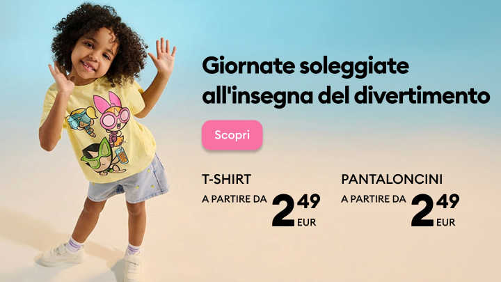 Promozione di abbigliamento estivo per bambini, con t-shirt e pantaloncini pensati per il divertimento all’aperto e prezzi convenienti, invitando a esplorare l’offerta.