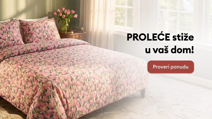 Prolećna posteljina sa motivom cveća unosi svežinu i vedrinu u vaš dom. Natpis kaže: "Proleće stiže u vaš dom!" sa pozivom na akciju: "Proveri ponudu".