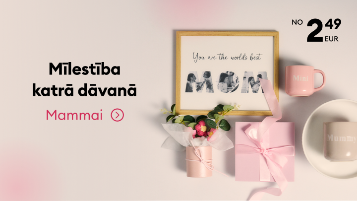 Dāvanu ideju un piedāvājuma komunikācija mammai: personalizētas dāvanas un komplekti, uzsverot rūpes un mīlestību, ar izdevīgu cenu piedāvājumu no 2,49 EUR.
