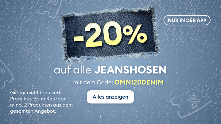 Hinweis auf eine Rabattaktion für Jeans, exklusiv in der App, mit bestimmten Teilnahmebedingungen wie Mindestkauf und Ausschluss bereits reduzierter Artikel.