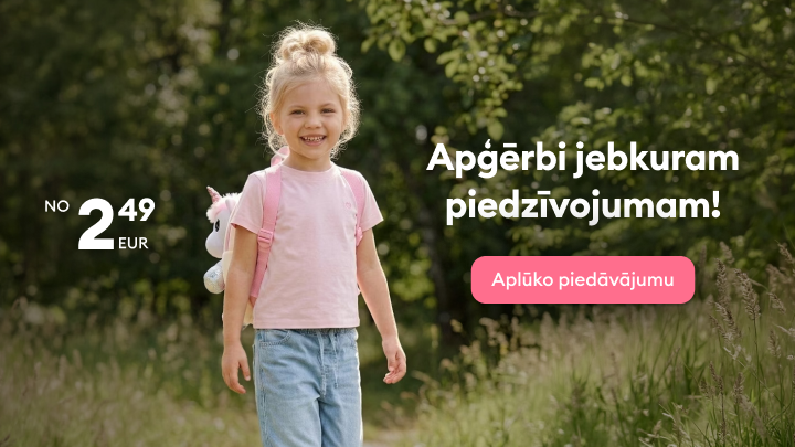 Reklāma, kas aicina iepazīties ar bērnu apģērbu piedāvājumu ikdienai un aktīviem piedzīvojumiem.