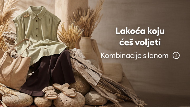 Promotivni vizual koji potiče na kupnju laganih odjevnih kombinacija od lana za tople dane, s naglaskom na udobnost i ležeran stil.