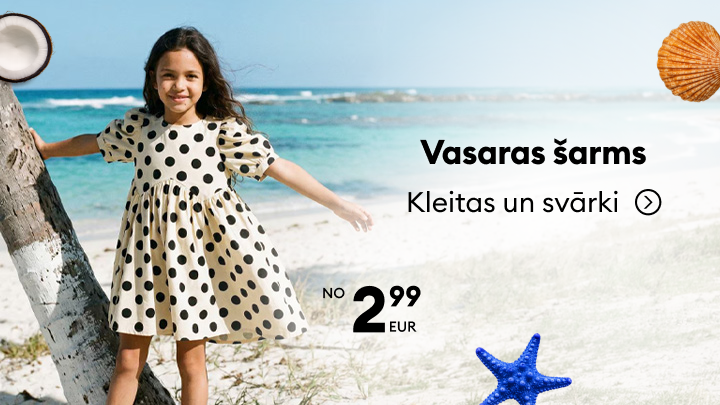 Vasaras kolekcijas reklāma bērnu kleitām un svārkiem, aicinot iegādāties vieglus ikdienas apģērbus atpūtai, ar pievilcīgu sākuma cenu no 2,99 EUR.