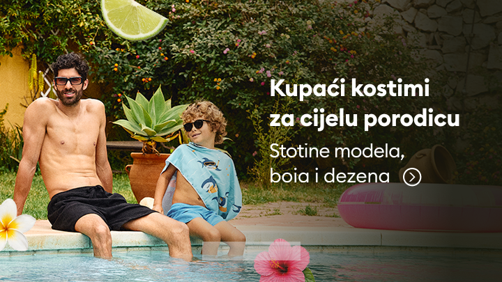 Promocija kupaćih kostima za cijelu porodicu, naglašava širok izbor modela za odrasle i djecu namijenjenih ljetnim aktivnostima uz bazen.