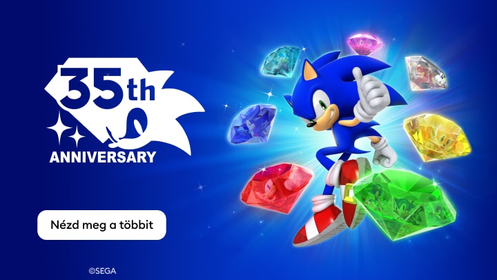 A Sonic the Hedgehog 35. évfordulóját népszerűsítő grafika, amely a karakterhez kapcsolódó kalandokat és gyűjthető drágaköveket mutat be.