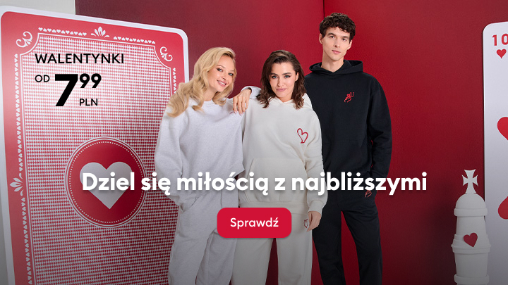 Walentynki od 7,99 PLN. Przesłanie: "Dziel się miłością z najbliższymi". Grafika promocyjna zachęca do skorzystania z oferty. Kliknij przycisk "Sprawdź", aby dowiedzieć się więcej.