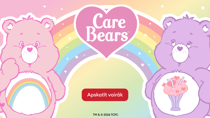 Reklāmas baneris, kas aicina iepazīt Care Bears pasauli un piedāvājumu, veicinot pāreju uz detalizētāku saturu.