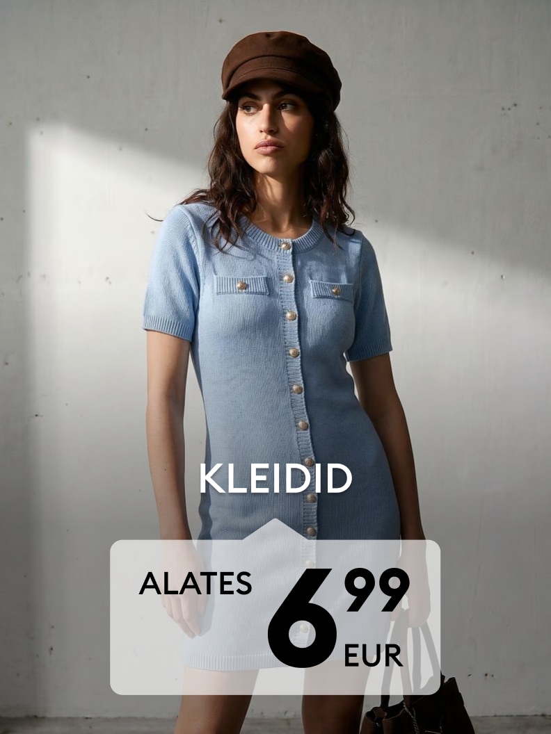 Naiste kleitide reklaam, mudel kannab lühikeste varrukatega kootud kleiti ja mütsi, kleidid alates 6,99 eurost