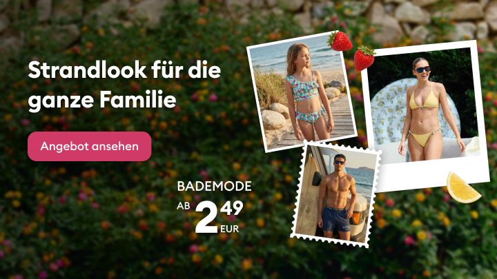 Werbung für Bademode für die ganze Familie mit verschiedenen Modellen für Kinder und Erwachsene, präsentiert als attraktives Angebot mit günstigen Einstiegspreisen.