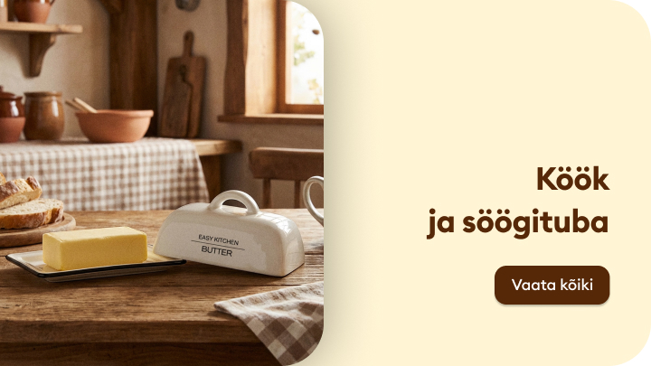 Köögis on puidust laud, millel on või, võialus ja värske leib. Taustal on hubane söögitoa interjöör, akna all lauad ja detailid, mis loovad sooja atmosfääri. Külje peal on tekst „Köök ja söögituba“ ning nupp „Vaata kõiki“.