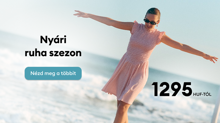 Nyári ruhák promóciója, könnyed viselet bemutatása és 1295 Ft-tól induló kedvező árak kommunikálása, a teljes kínálat megtekintésére ösztönöz.