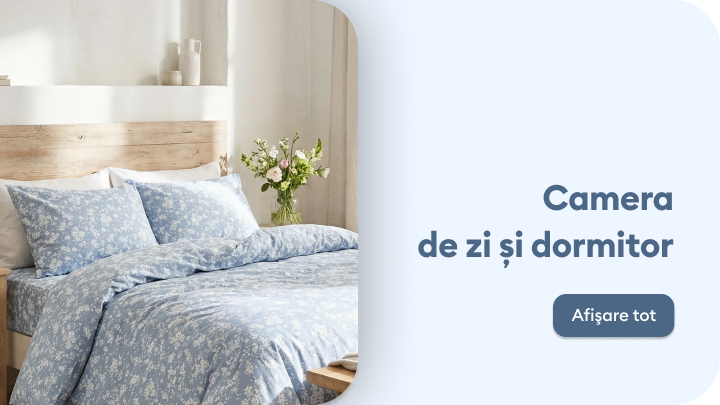 Promovare categorie cu produse și idei pentru amenajarea camerei de zi și a dormitorului.