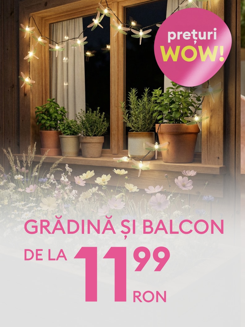Promovare pentru produse de grădină și balcon, evidențiind o ofertă specială cu prețuri accesibile pentru decorarea și amenajarea spațiilor exterioare.