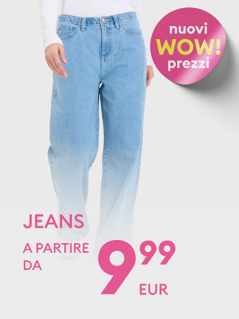 Promozione commerciale che comunica un’offerta sui jeans con nuovi prezzi vantaggiosi, a partire da 9,99 euro.