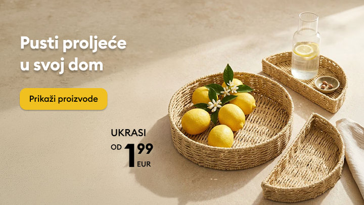 Promotivni sadržaj koji potiče uređenje doma u proljetnom stilu kroz kupnju dekorativnih dodataka, s naglaskom na svježinu, prirodne elemente i pristupačne cijene.