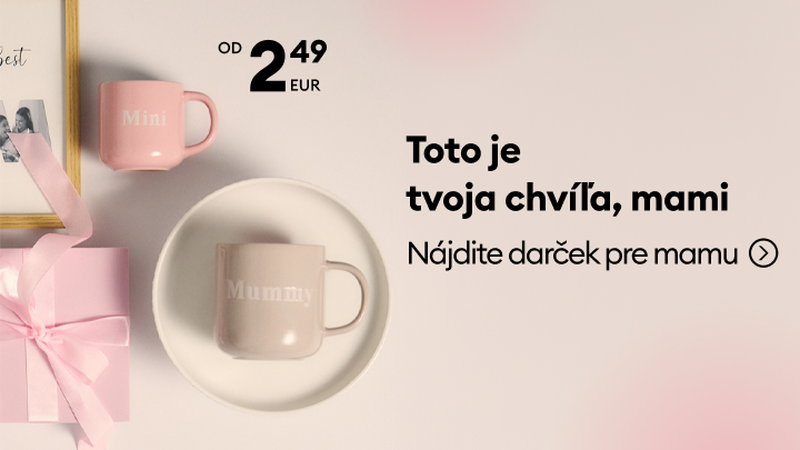Propagácia darčekov pre mamu s dôrazom na drobné pozornosti, ako hrnčeky, s cenou od 2,49 €, s výzvou nájsť vhodný darček.