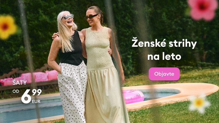 Propagačný banner predstavujúci letné ženské šaty a výzvu na objavenie kolekcie s cenami už od 6,99 €.