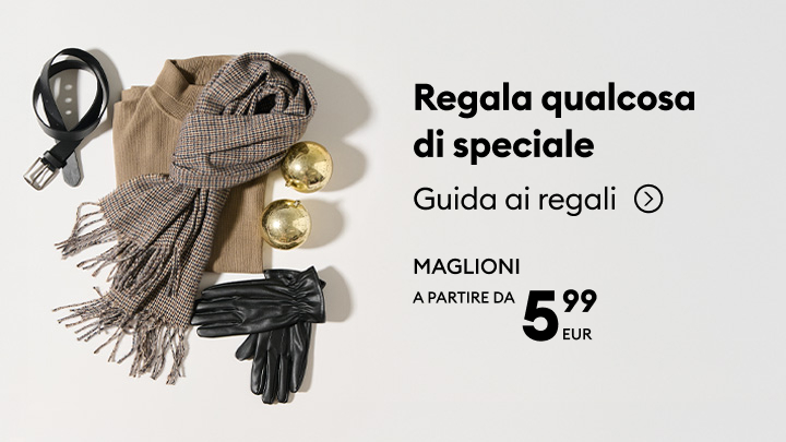 Guida ai regali: scopri idee regalo uniche e convenienti. Maglioni a partire da 5,99 euro. Accessori eleganti per completare il look e rendere ogni occasione speciale. Perfetto per sorprendere con stile e praticità. banner