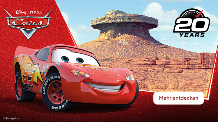 Werbebanner zur 20‑jährigen Jubiläumskampagne von Disney Pixar Cars mit Lightning McQueen, der auf Inhalte oder Produkte zum Jubiläum aufmerksam macht.