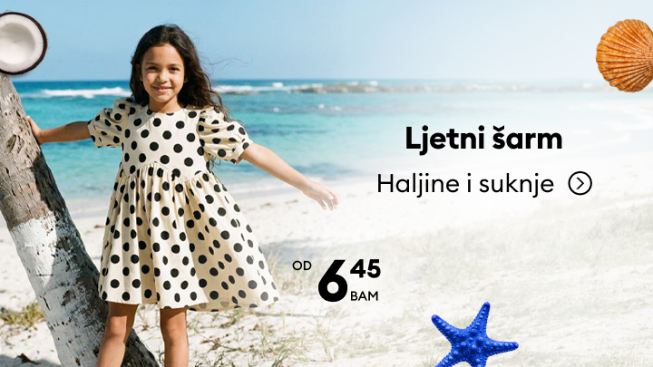 Promotivni baner za ljetnu kolekciju dječijih haljina i suknji, s fokusom na ljetni stil i povoljnu ponudu.