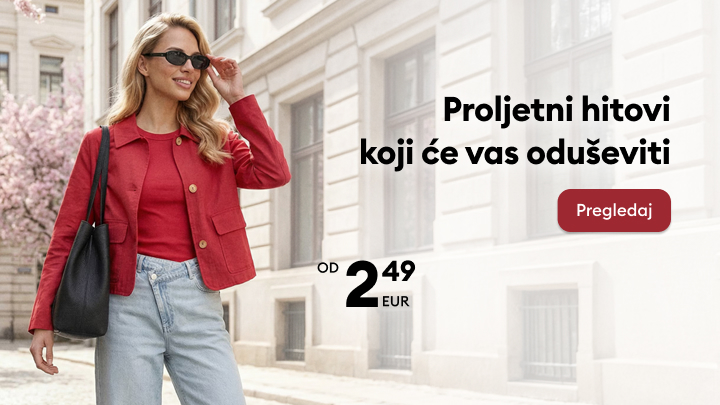 Promotivna poruka koja potiče pregled proljetne modne ponude s naglaskom na trendove i povoljne cijene.