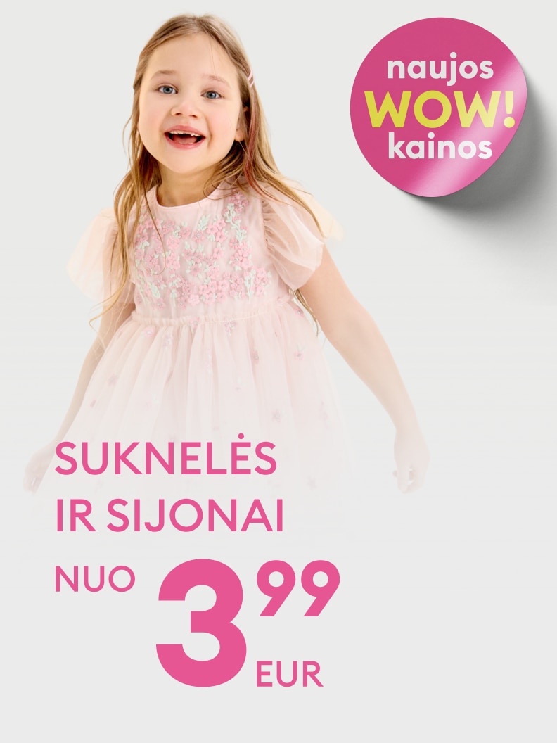 Reklaminis pasiūlymas vaikams: mergaičių suknelės ir sijonai už patrauklią kainą, skirti kasdieniam dėvėjimui ir šventėms.
