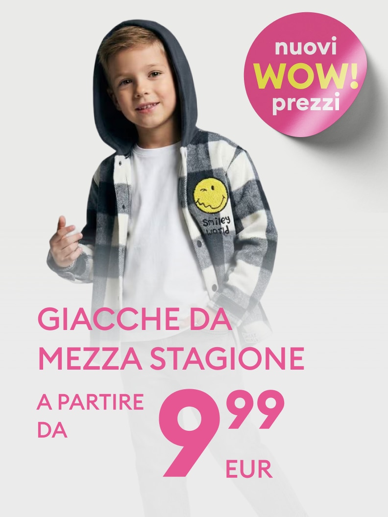 Promozione di giacche da mezza stagione con nuovi prezzi speciali, disponibili a partire da 9,99 euro, per invogliare all’acquisto con un’offerta conveniente.