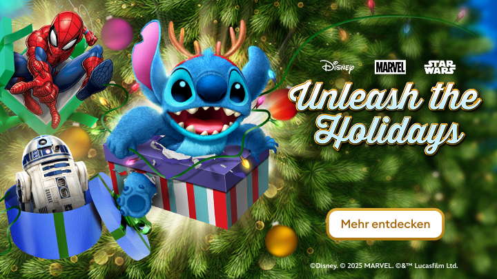 Entdecke die Magie der Feiertage mit Disney, Marvel und Star Wars. Auf dem Bild siehst du Stitch, Spider-Man und R2-D2, die Spaß mit Weihnachtsgeschenken haben. Klicke auf "Mehr entdecken", um weitere festliche Abenteuer zu erleben.