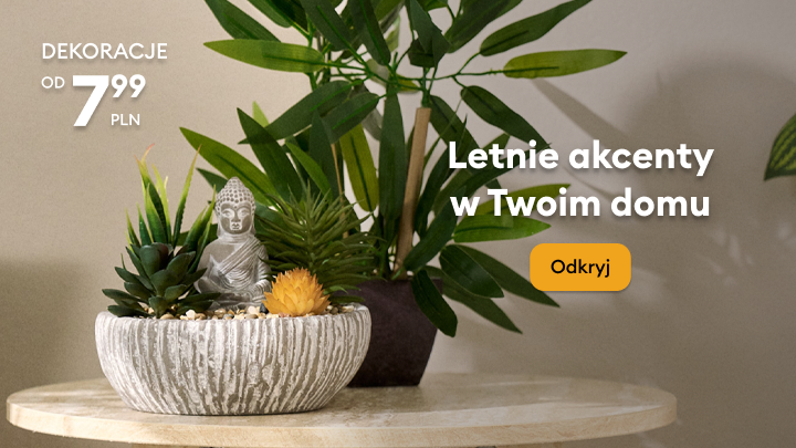 Promocja dekoracji do domu, zachęcająca do odkrywania letnich akcentów i aranżacji wnętrz inspirowanych naturą.