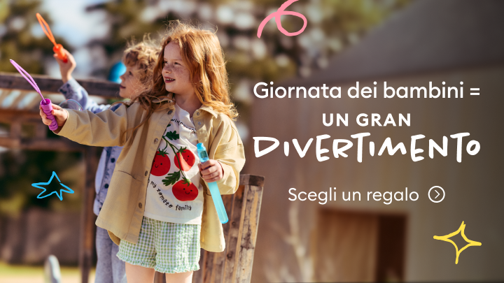 Promozione per la Giornata dei bambini che invita a scegliere un regalo e comunica un momento di gioco e divertimento dedicato ai più piccoli.