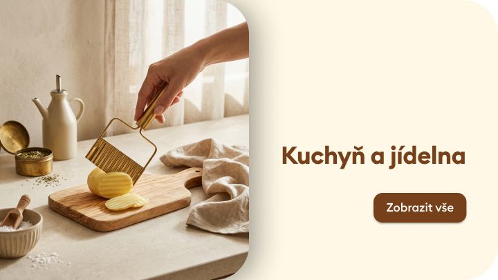 Propagační vizuál kategorie kuchyň a jídelna, který komunikuje domácí přípravu jídla a využití kuchyňských pomůcek.
