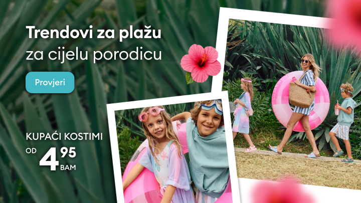 Promocija trendova za plažu za cijelu porodicu, s naglaskom na dječje i porodične kupaće kostime, pristupačne cijene i poziv na pregled ponude.
