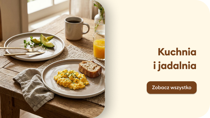 Zachęta do zapoznania się z ofertą akcesoriów do kuchni i jadalni, przedstawiająca przygotowywanie posiłku i użycie praktycznych narzędzi kuchennych.