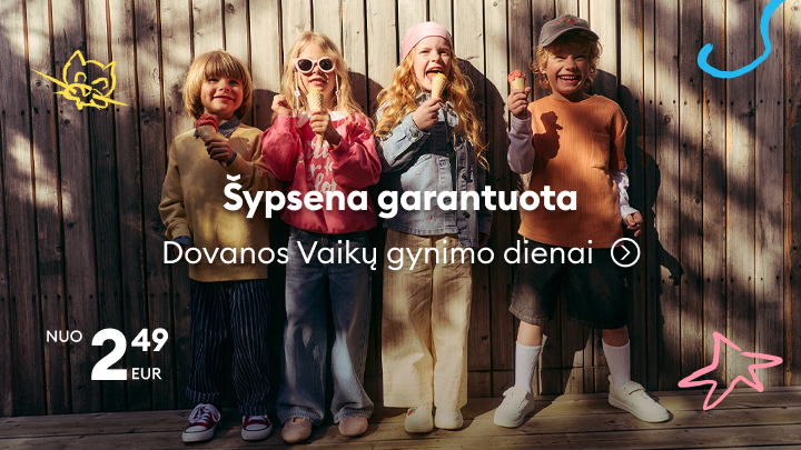 Reklama, skatinanti įsigyti dovanas Vaikų gynimo dienai, pabrėžianti garantuotą pristatymą ir patrauklią kainą.